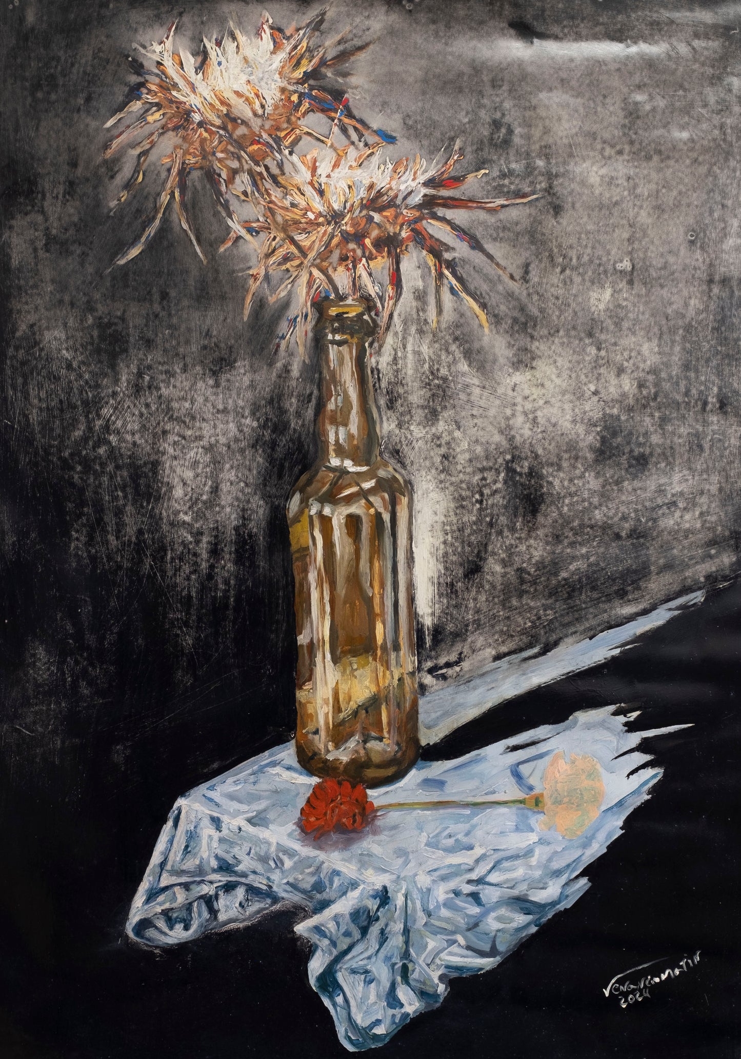 Bottle with thistle and carnations