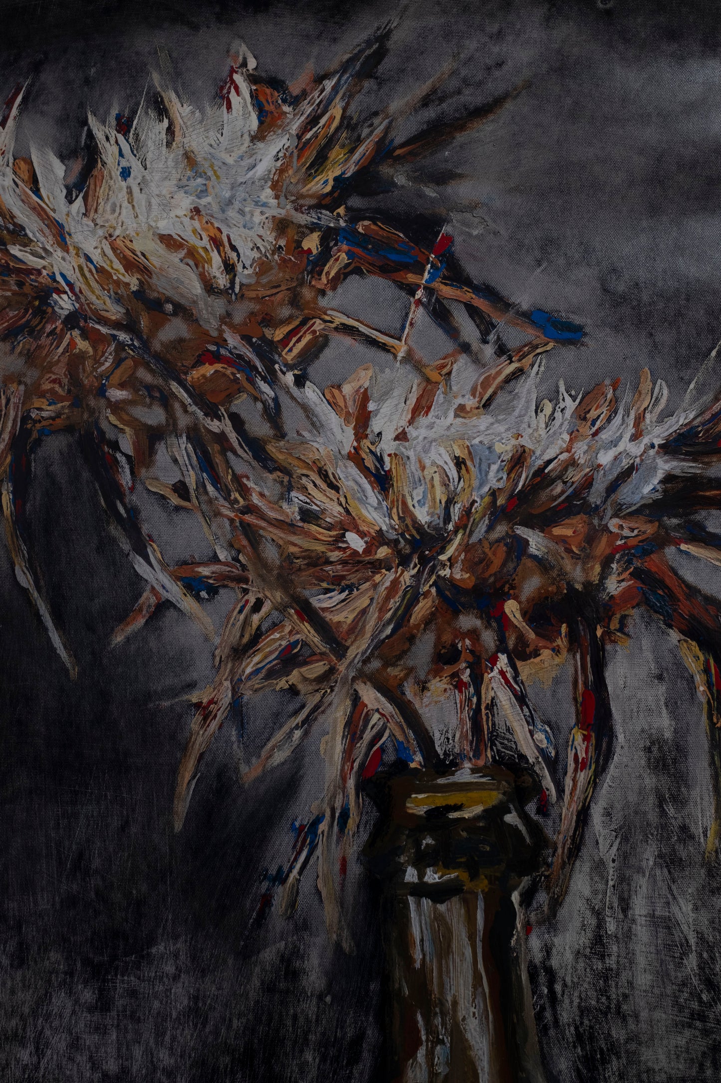 Bottle with thistle and carnations