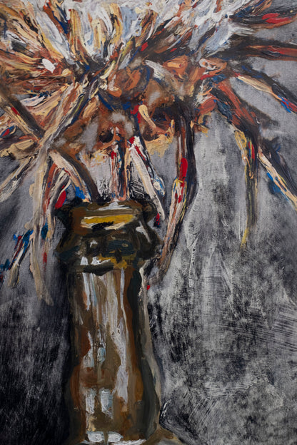 Bottle with thistle and carnations