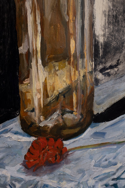 Bottle with thistle and carnations